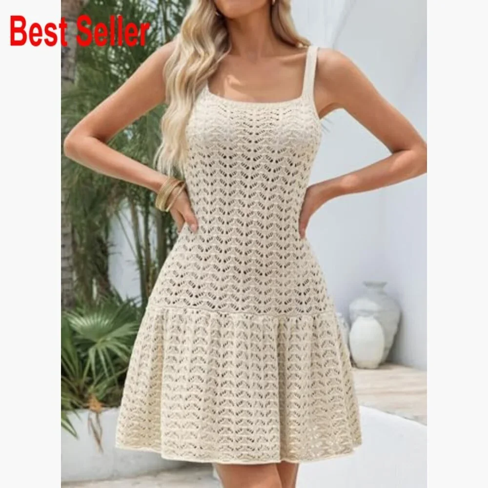 Crochet Hollow Out Swimsuit Cover Up Beach Dress Sleeveless
